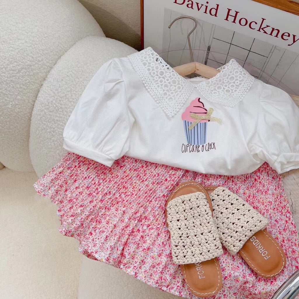 Girls' Floral Lapel Top with Short Skirt