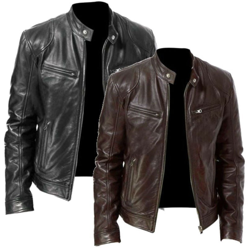 Men's Slim Fit PU Leather Biker Jacket with Zipper Pocket