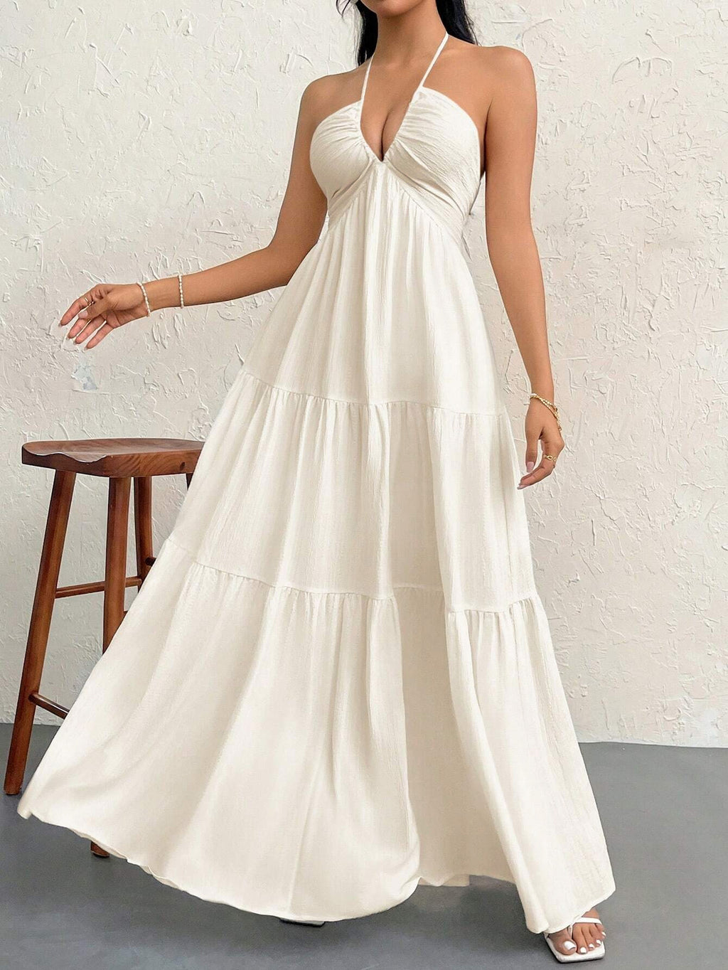 White Pleated V-Neck Dress