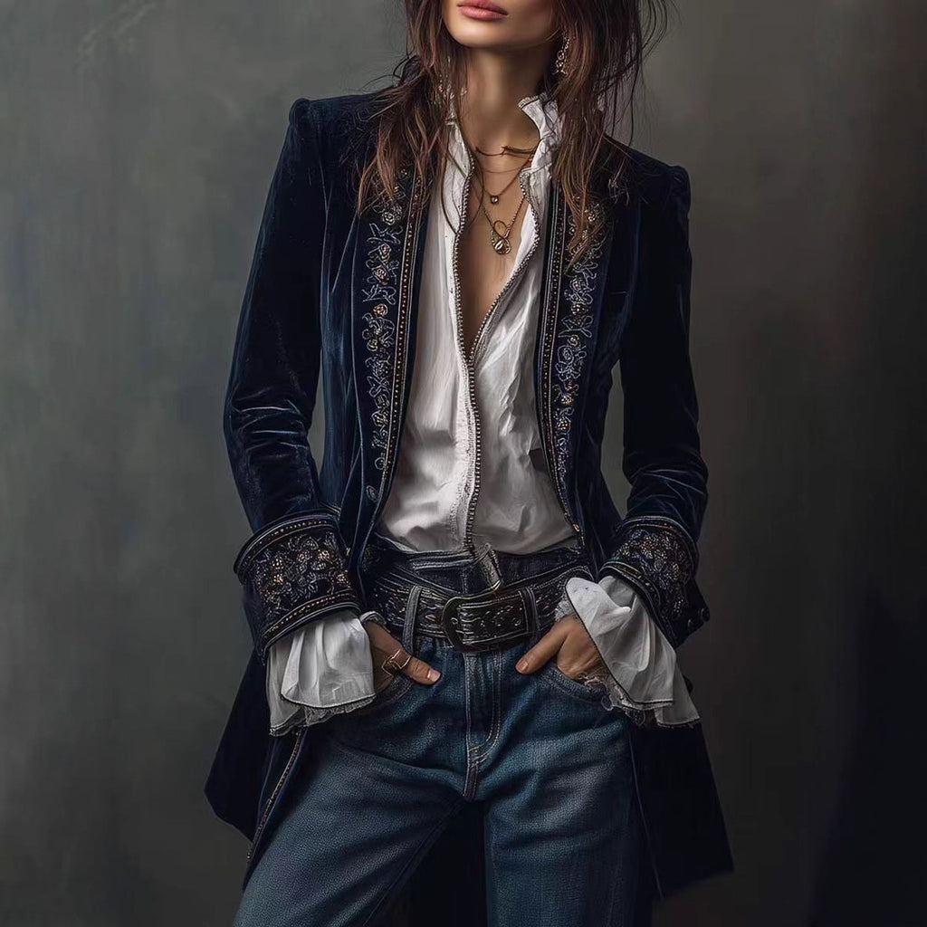 Long Sleeve Solid Color Patchwork Gold Velvet Jacket