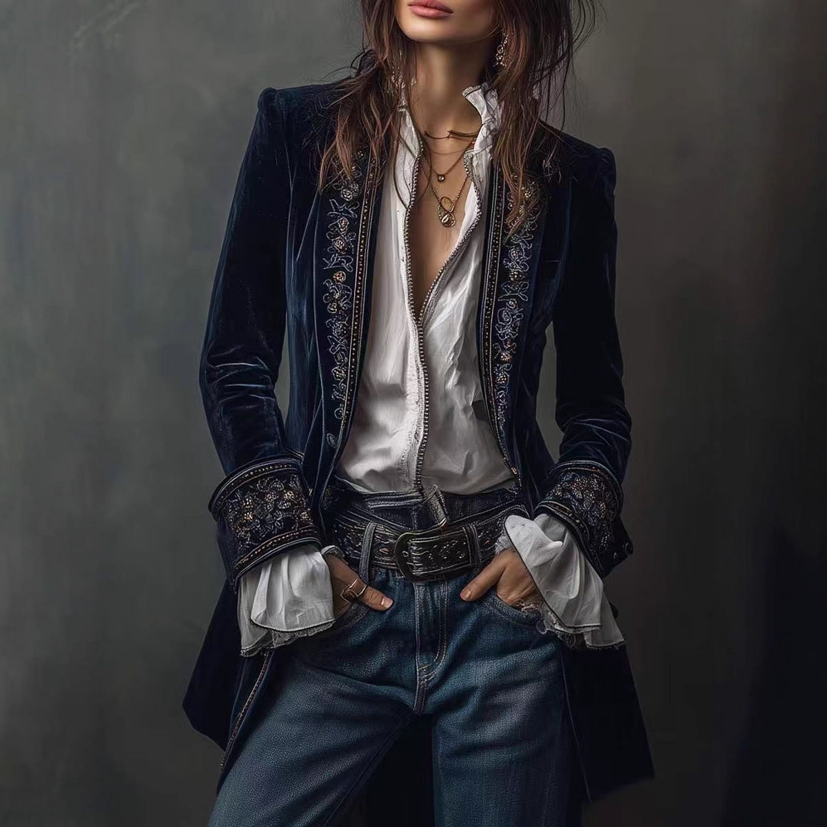 Long Sleeve Solid Color Patchwork Gold Velvet Jacket
