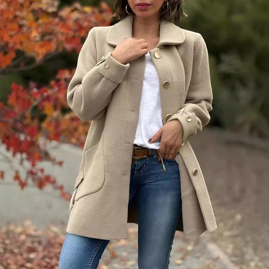 Women's Lapel Bow Woolen Coat