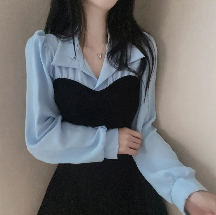 Retro-style collared color-blocked faux two-piece long-sleeved shirt