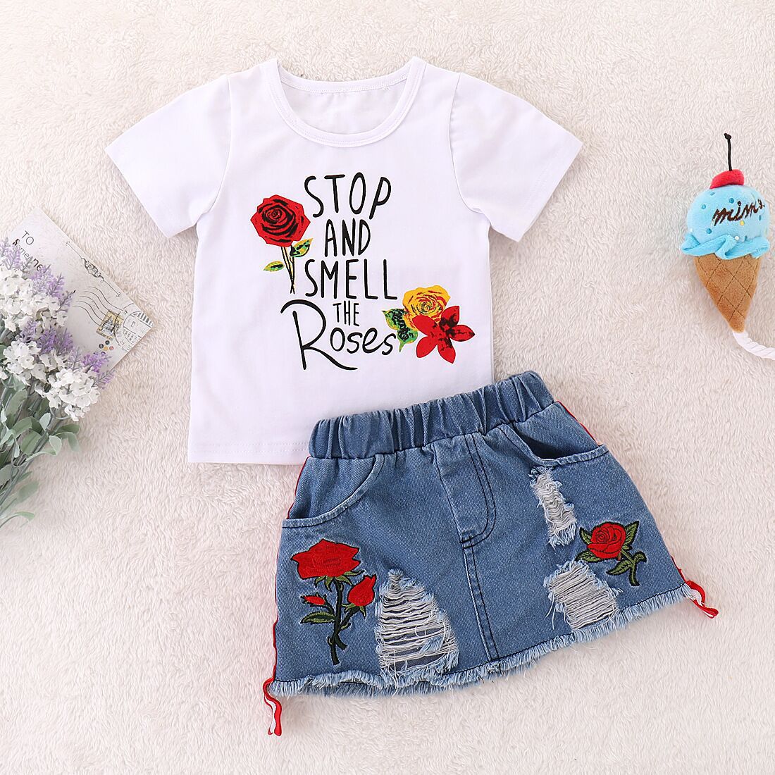 Girls' Printed T-shirt and Denim Skirt Set
