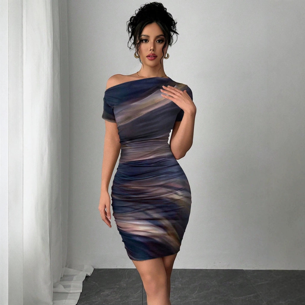 Elegant Tie-Dye Slant Shoulder Short-Sleeved Dress