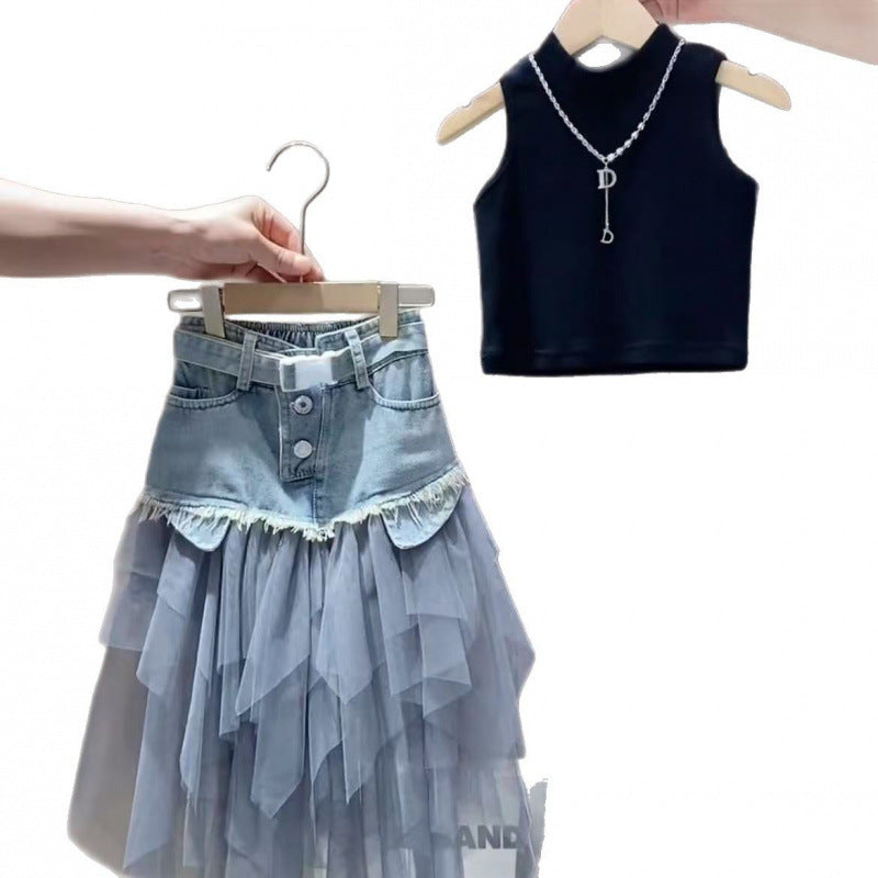 Girls' Denim Patchwork Two-Piece Set