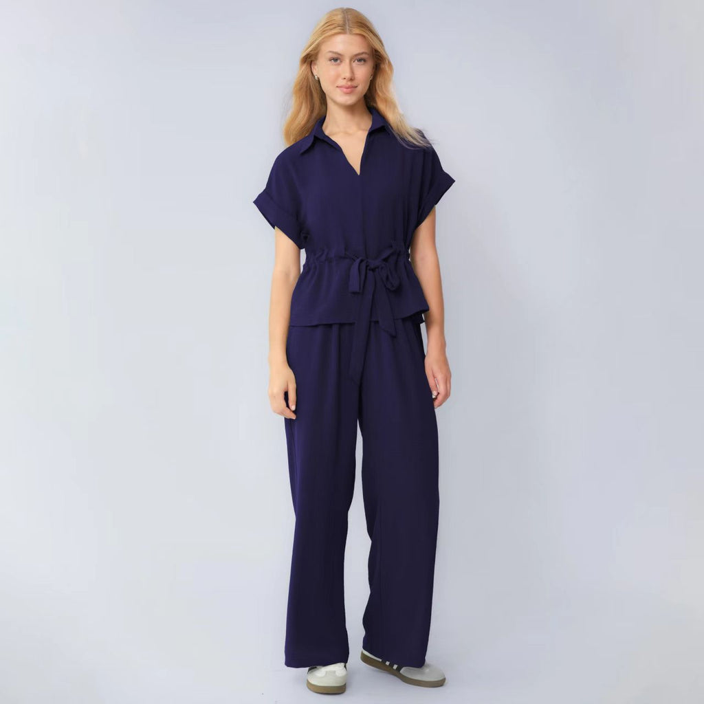 Drawstring Solid Color Commuter Pants Set