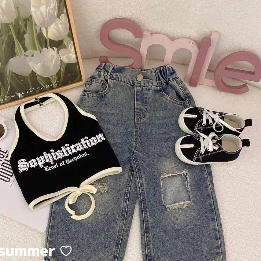 Girls' Summer Camisole Ripped Jeans