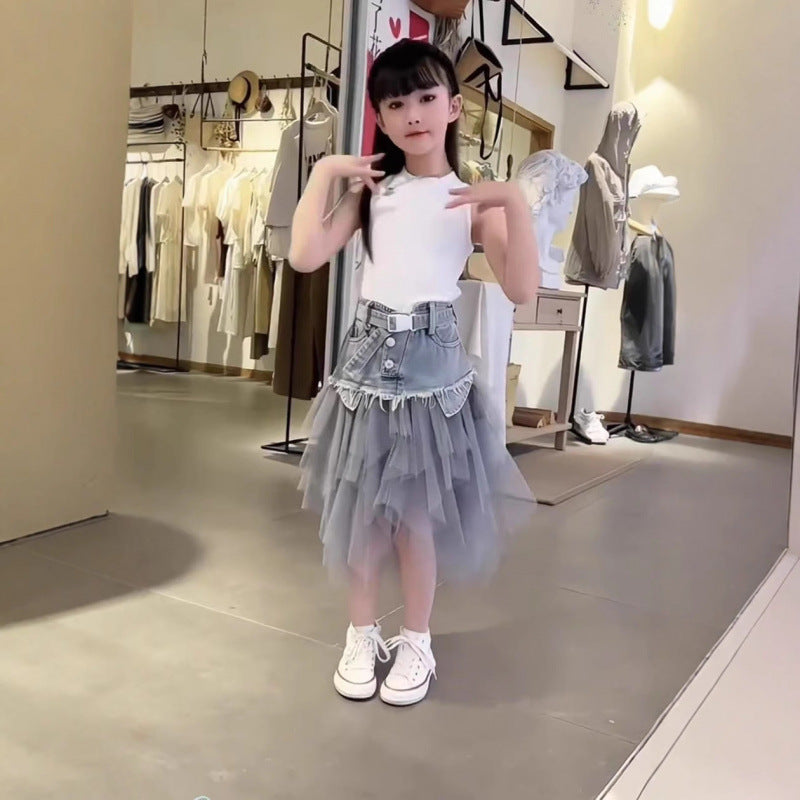 Girls' Denim Patchwork Two-Piece Set