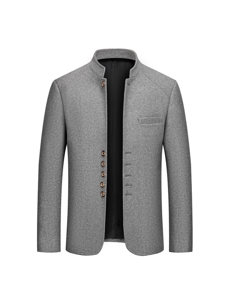 Autumn and winter men's casual slim-fit stand-collar Zhongshan suit wool coat, men's solid color wool overcoat