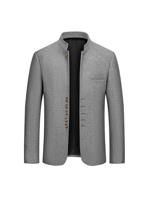 Autumn and winter men's casual slim-fit stand-collar Zhongshan suit wool coat, men's solid color wool overcoat