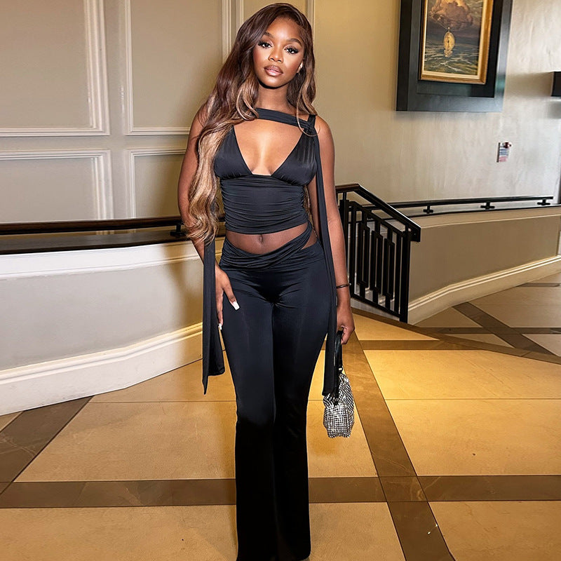 V-neck top with fitted trousers