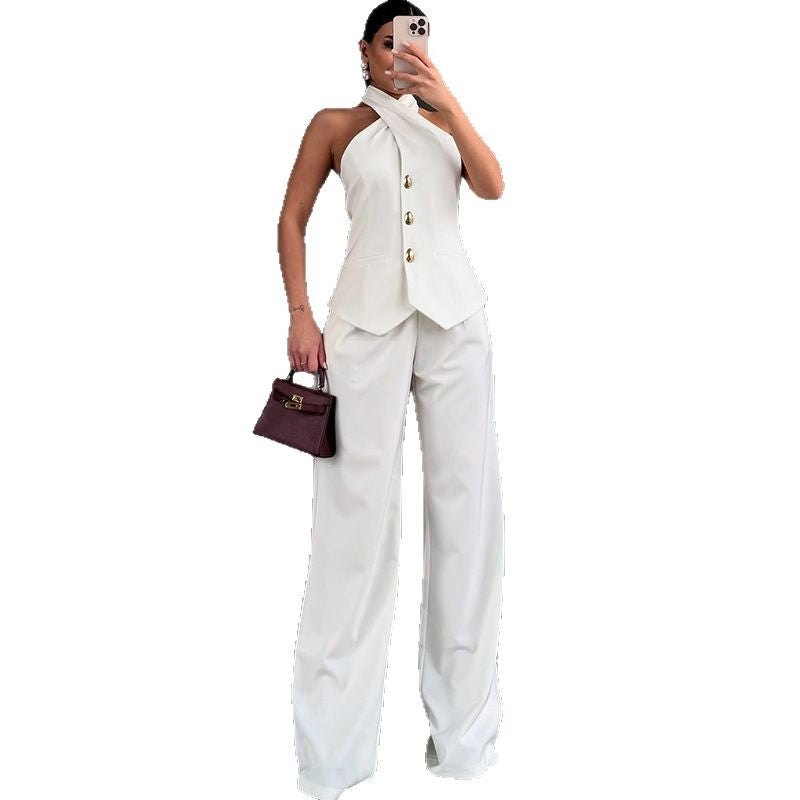 Women's Sleeveless Vest and High Waist Trousers Casual Suit