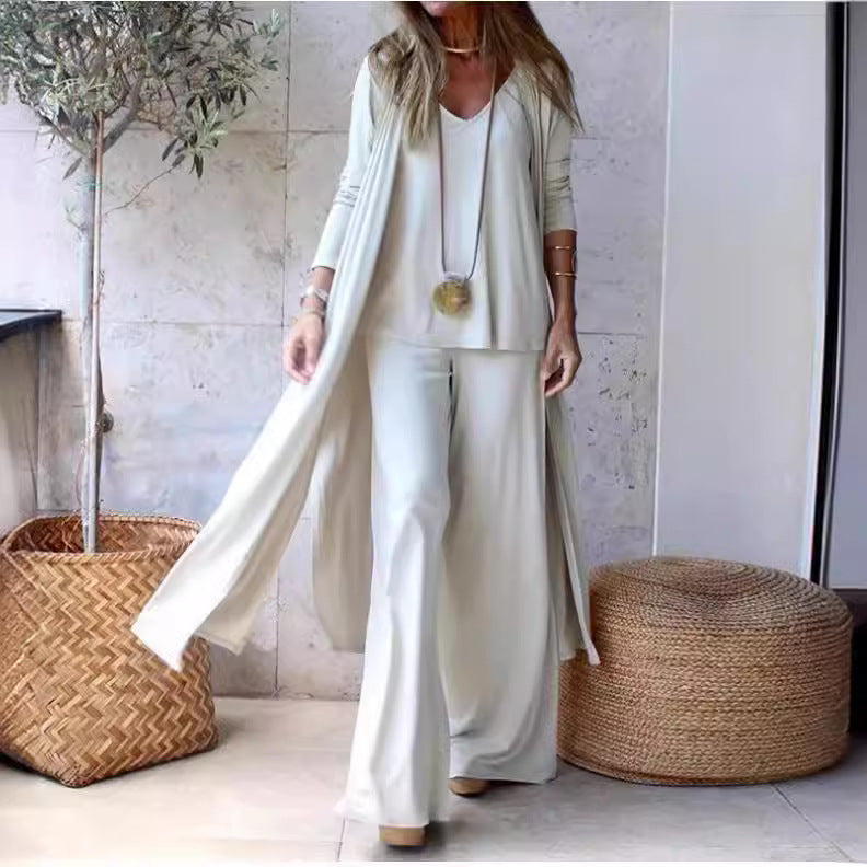 Women's Loose Fit Three-Piece Set - Camisole, Long Cardigan, and Straight-Leg Trousers
