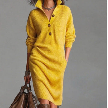 Casual collared loose-fitting mid-length sweater dress