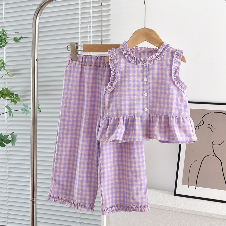 Girls' Lace Contrast Plaid Sleeveless Vest and Wide-leg Pants Set