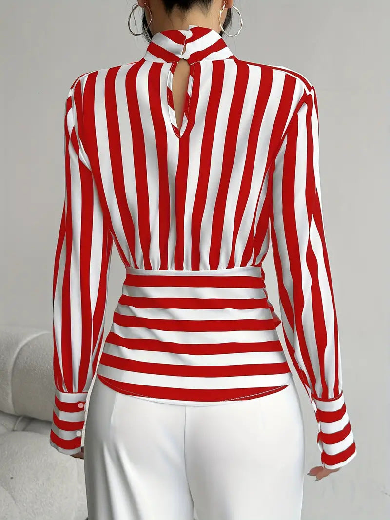 Women's Striped Scarf Collar Blouse
