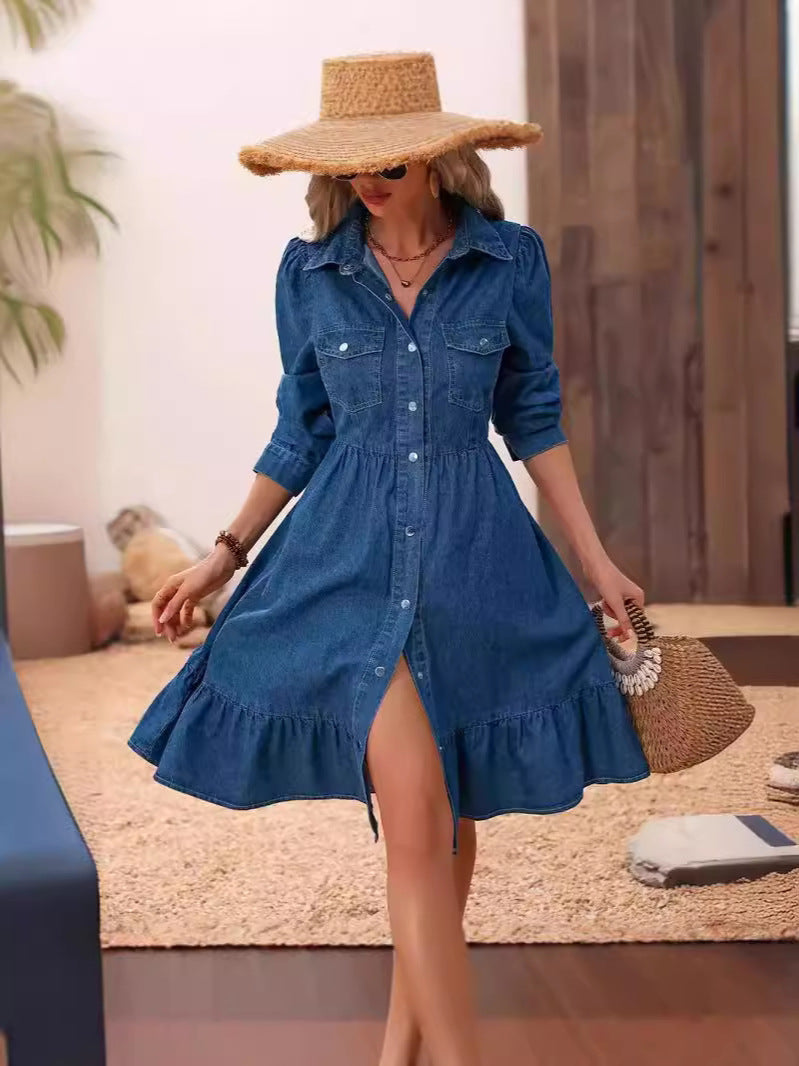 Lapel Spliced Casual Cotton Dress