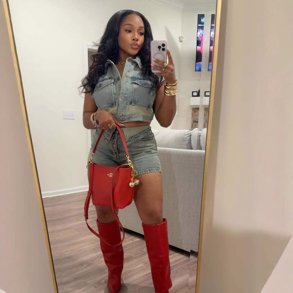 Denim shorts set