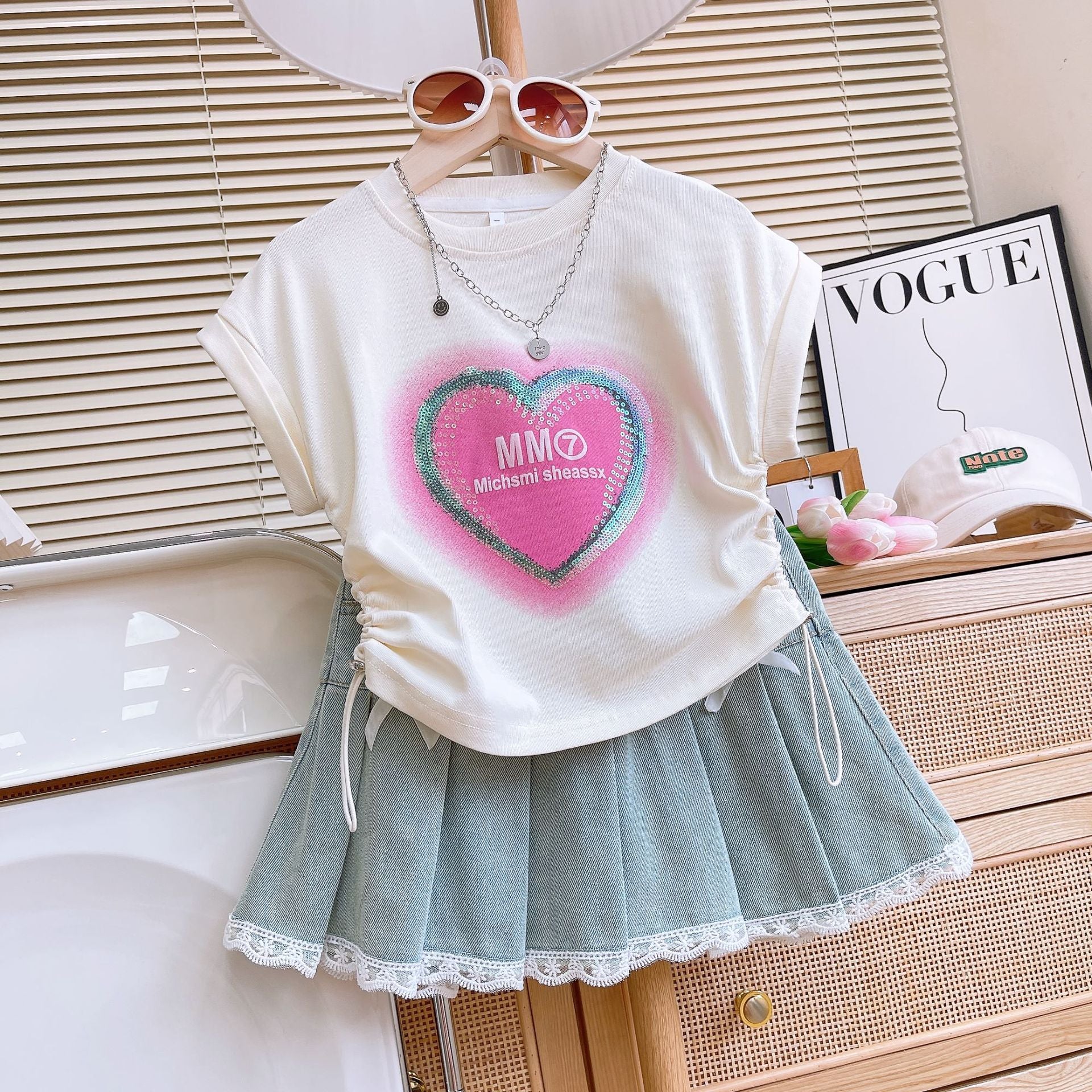 Girls' Sequins Denim Skirt Set with Lace Trim