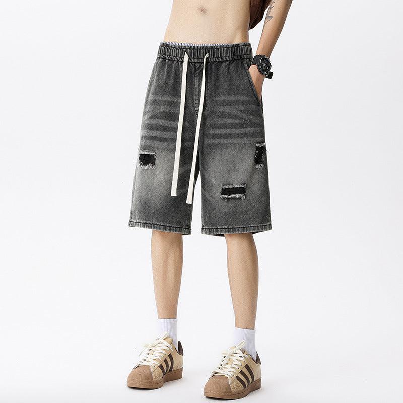 Men's Vintage Blue Denim Shorts with Ripped Details