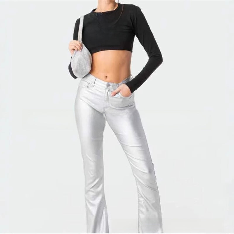 Breathable Flared Denim Leather Pants