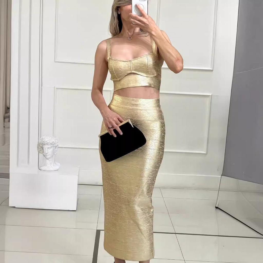 Women's gold-embossed bandage top long skirt - camisole top and long skirt