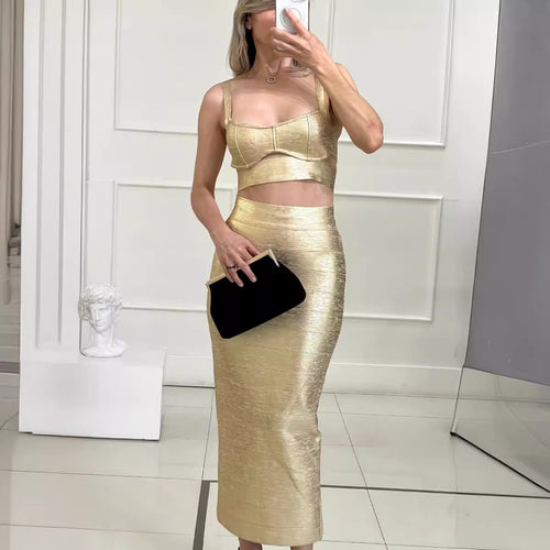 Women's gold-embossed bandage top long skirt - camisole top and long skirt
