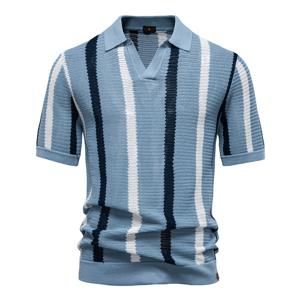 Breathable Striped Men's Polo Shirt Summer Short Sleeve Knit Top