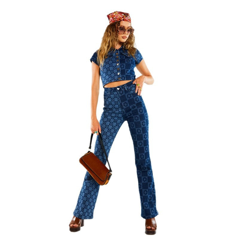 Women's Printed Slim Fit Denim Wide-Leg Pants