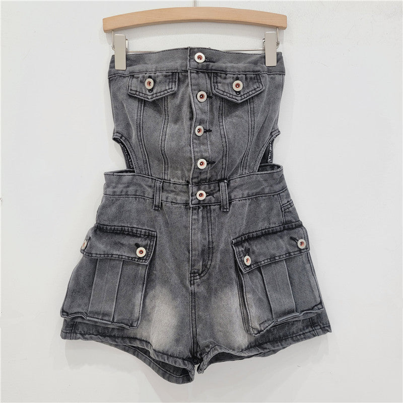 Button-Up Denim Shortalls