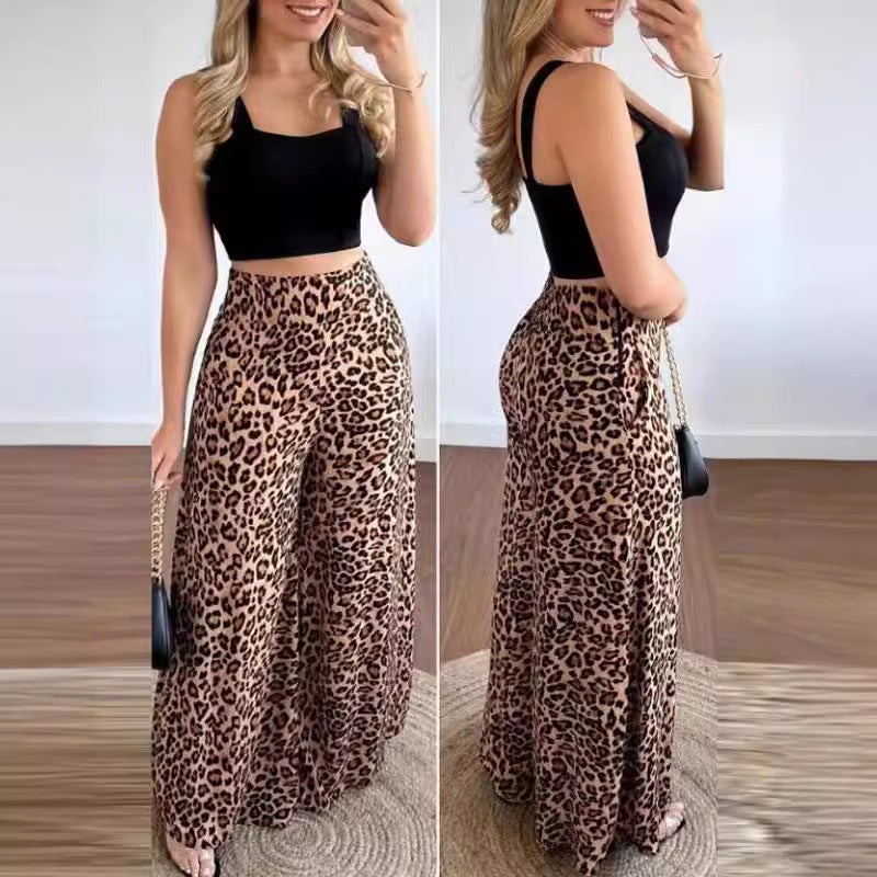 Women's Leopard Print Sleeveless Vest and Wide Leg Trousers