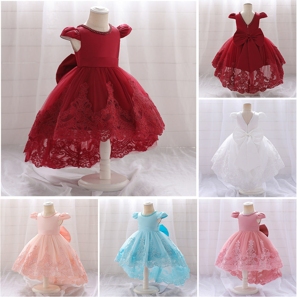 Girl's Embroidered Beaded Party Dress with Bow Details