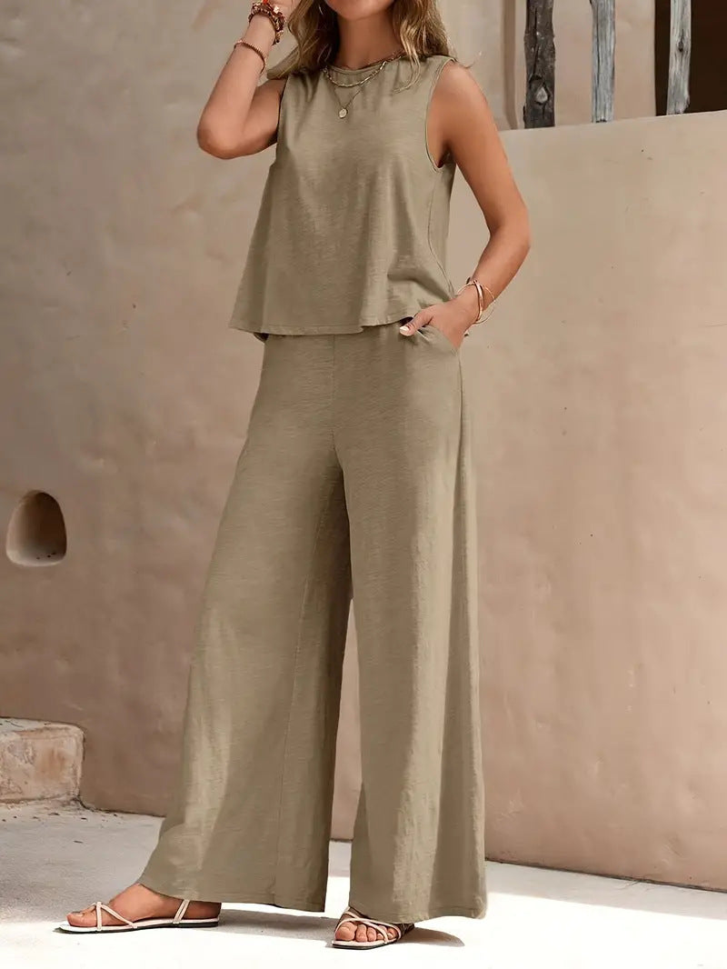 Solid-color tank top and wide-leg pants set