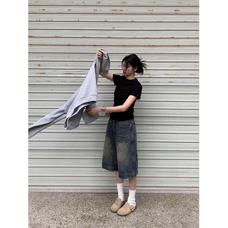 Men's Vintage Blue Washed Denim Shorts Straight Fit Casual Cropped Pants