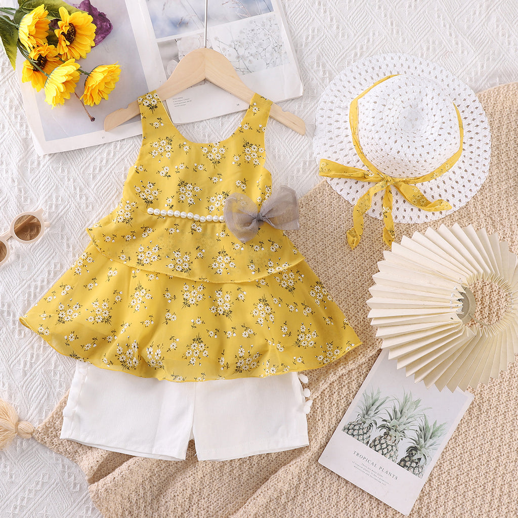 Girls' Floral Bow Pearl Chiffon Suspender Set with Hat