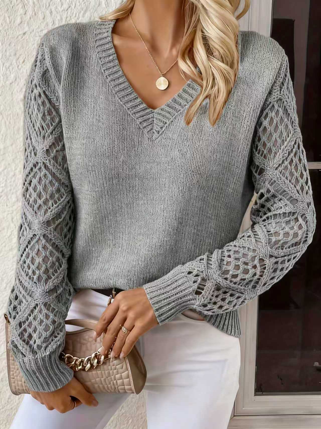 Lace Knitted Sweater Women's Loose V-Neck Long Sleeve Pullover