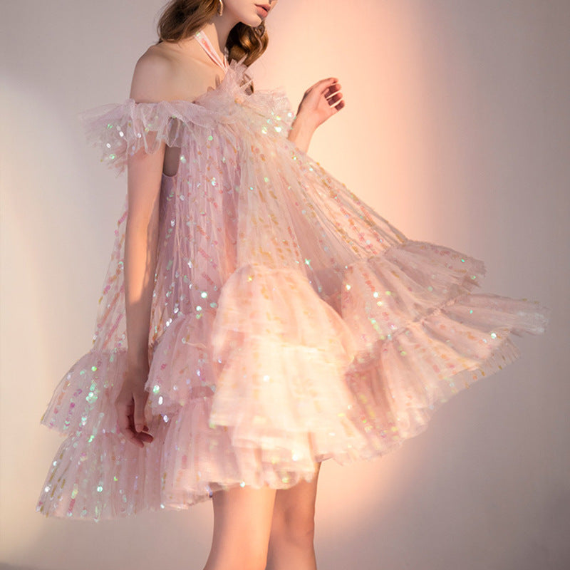 Off-Shoulder Sequined Mesh Dress