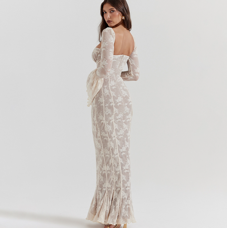 Bell Sleeve Lace Backless Dress