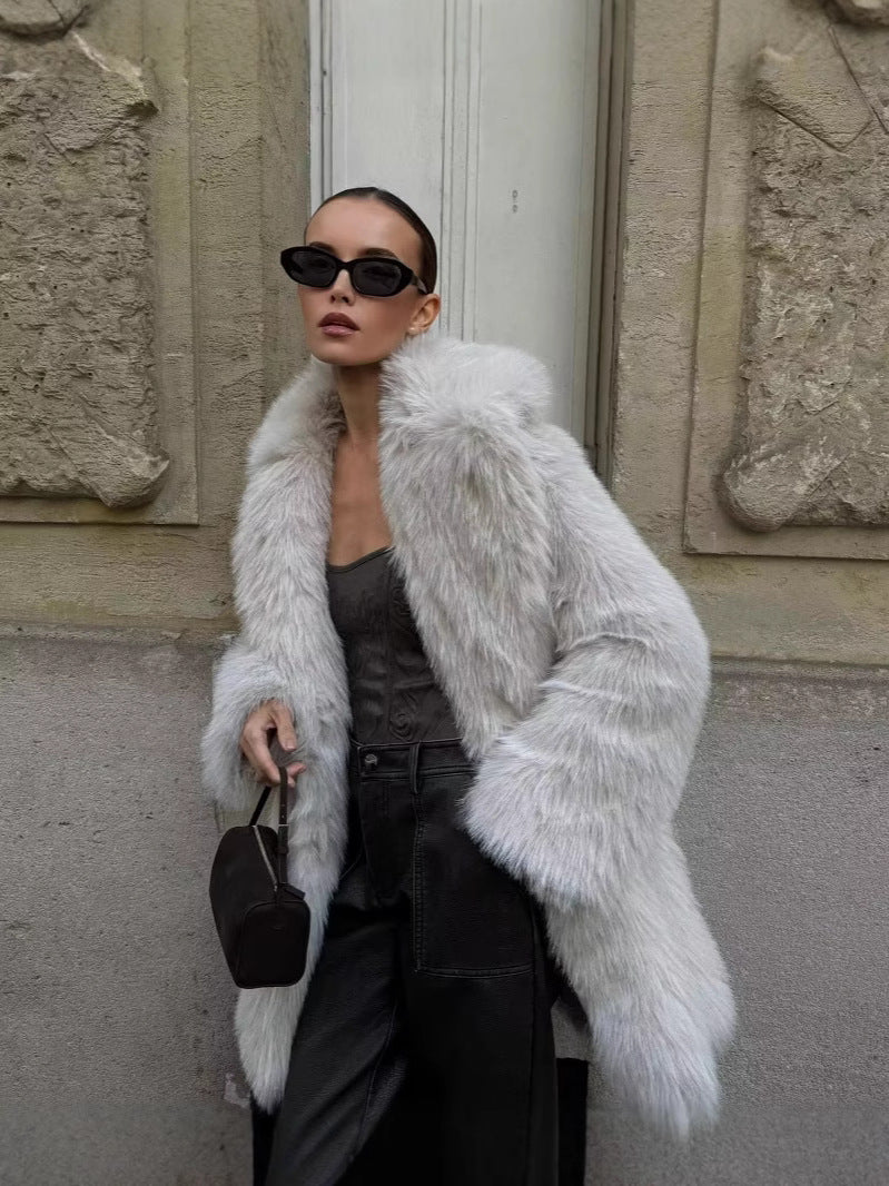 Women's Faux Fur Mid-Length Coat with Extended Collar