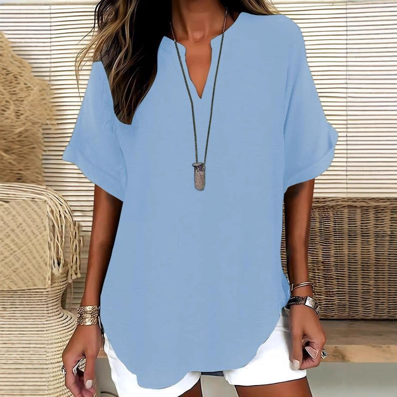 Solid-color V-neck casual blouse for women
