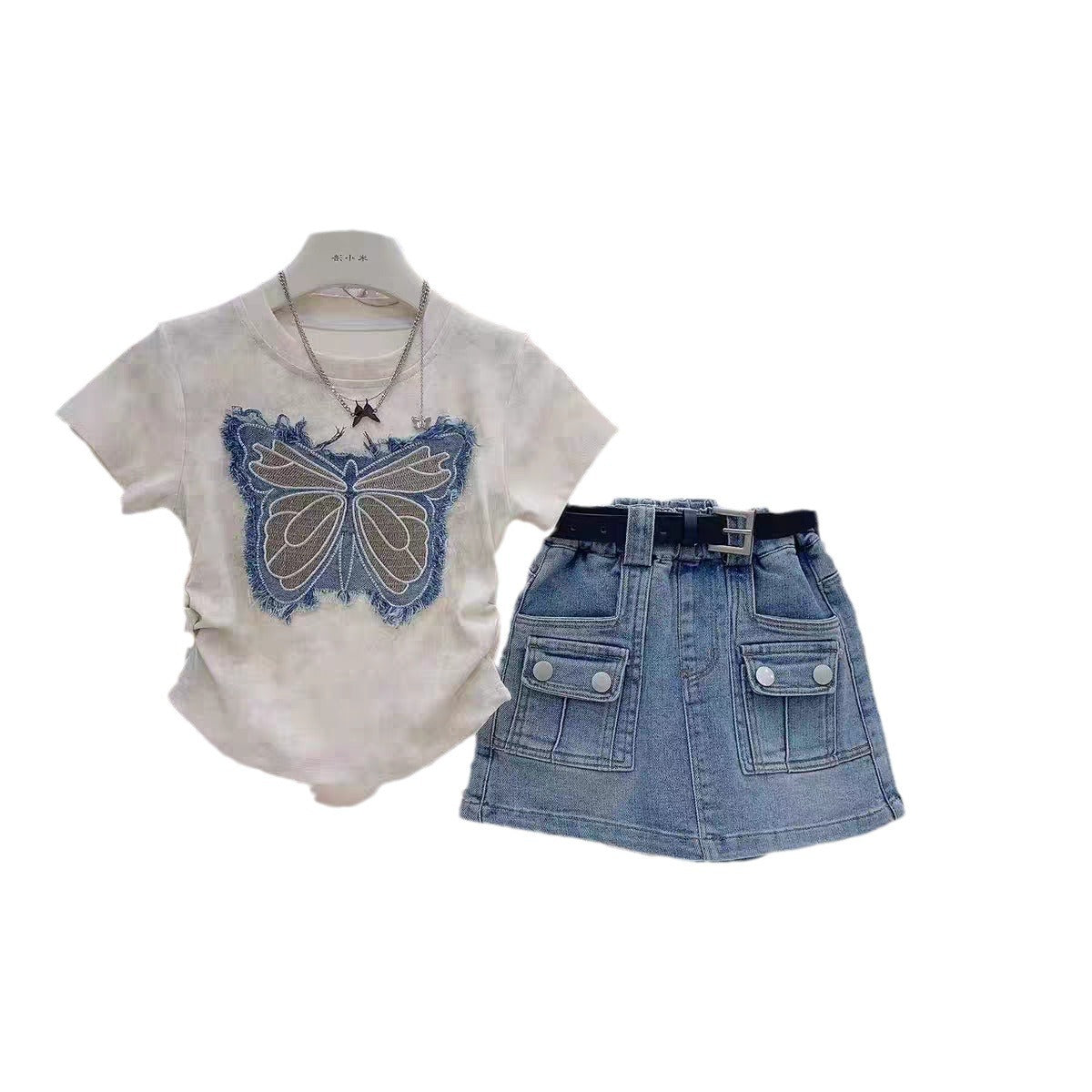Girls' Bow Embroidered Top and Denim Skirt Set