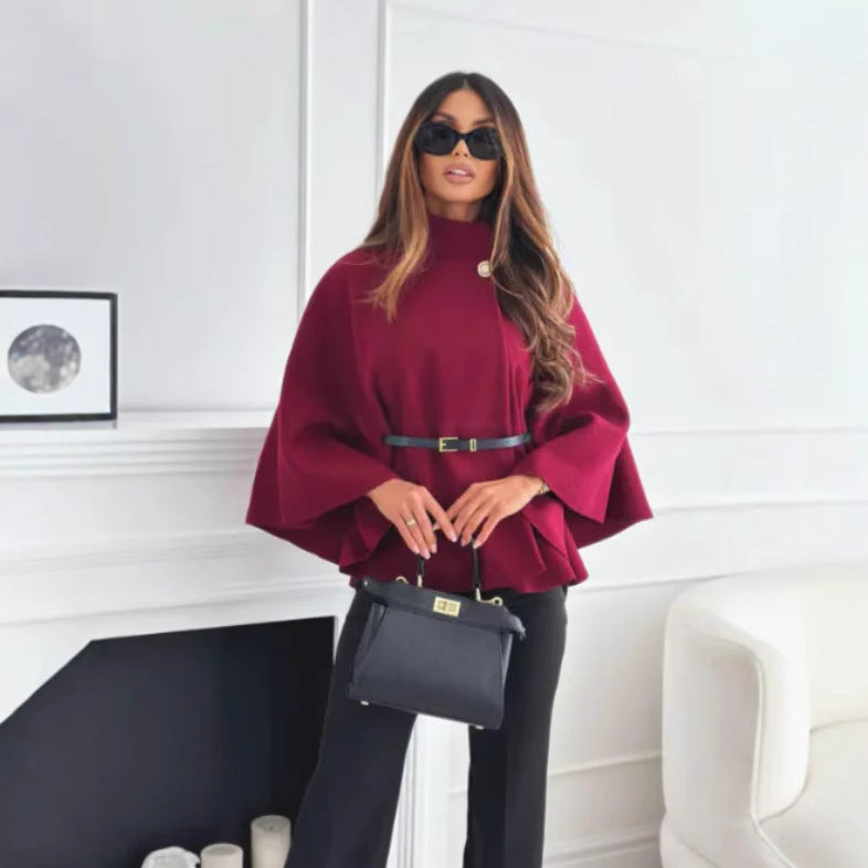 Women's Elegant Woolen Coat with Waist Tie