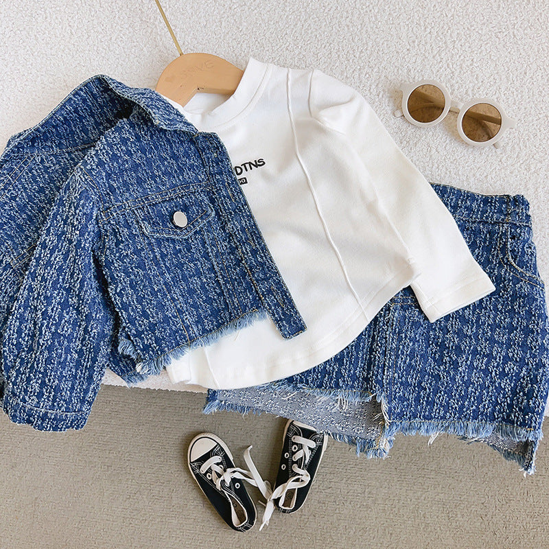 Girls' Denim Mini Skirt Two-Piece Set
