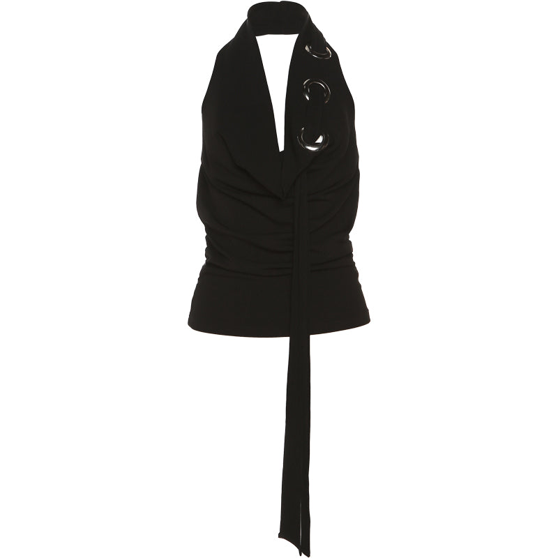 Black neckless sleeveless top
