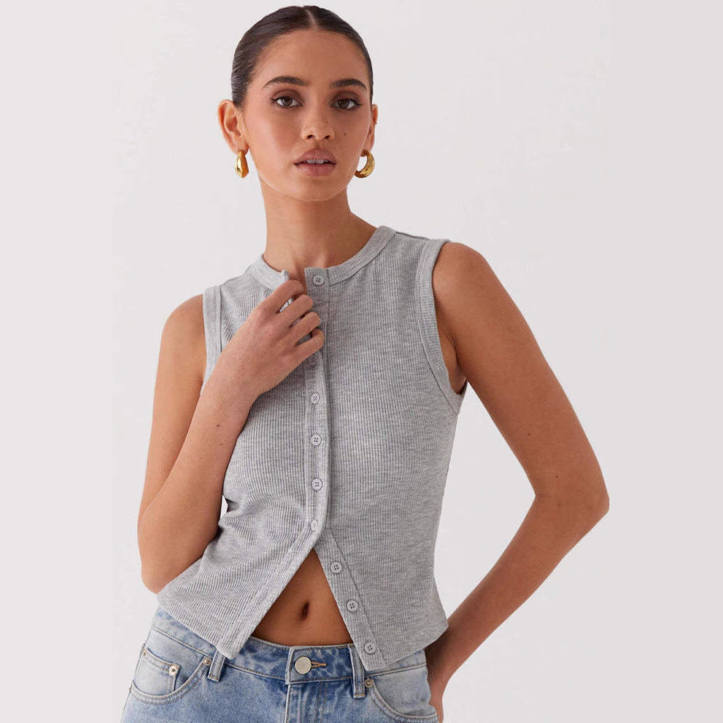 Women's Slim-fit Sleeveless Round Neck Button Vest