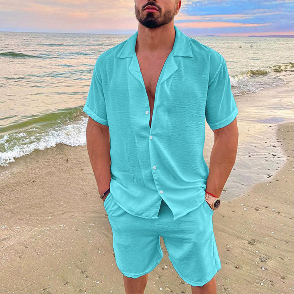 Men's solid-color short-sleeved short pants set