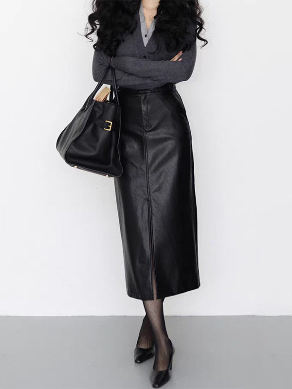 Genuine Leather A-Line Skirt with Front Slit