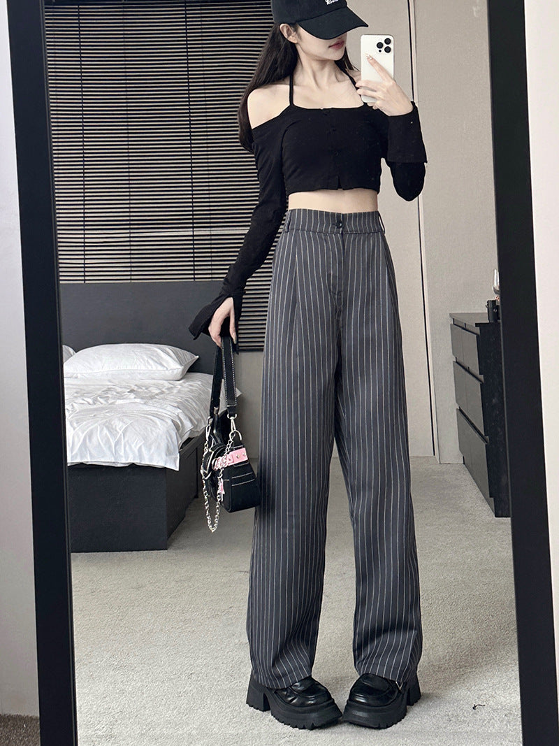 Slimming and flowing striped straight-leg suit pants