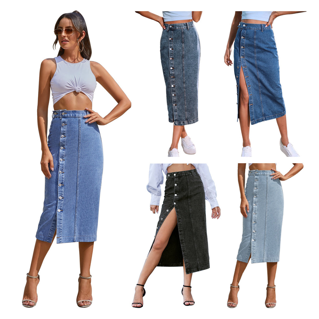 High-waisted split hem denim skirt
